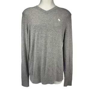 ABERCROMBIE & FITCH Wool-Blend Moose Logo V-Neck Gray Sweater Size XL